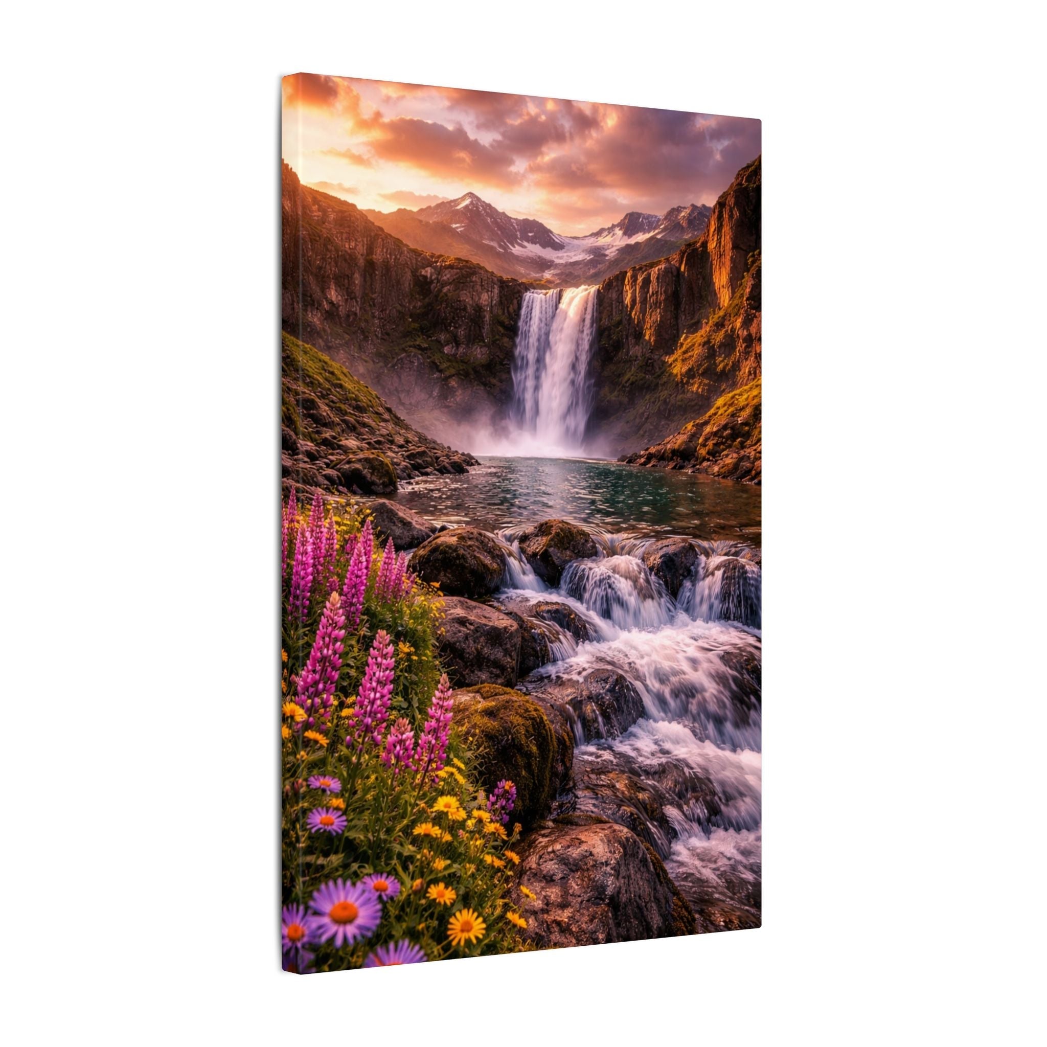 Waterfall Canvas Wall Art – Alpine Sunset Falls Mountain Nature Print ...